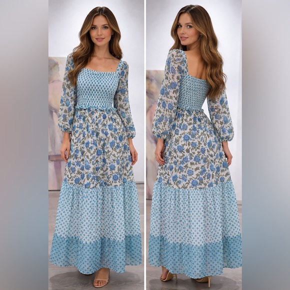 Taylor Dresses & Skirts - Taylor Blue and White Floral Long Sleeve Dress